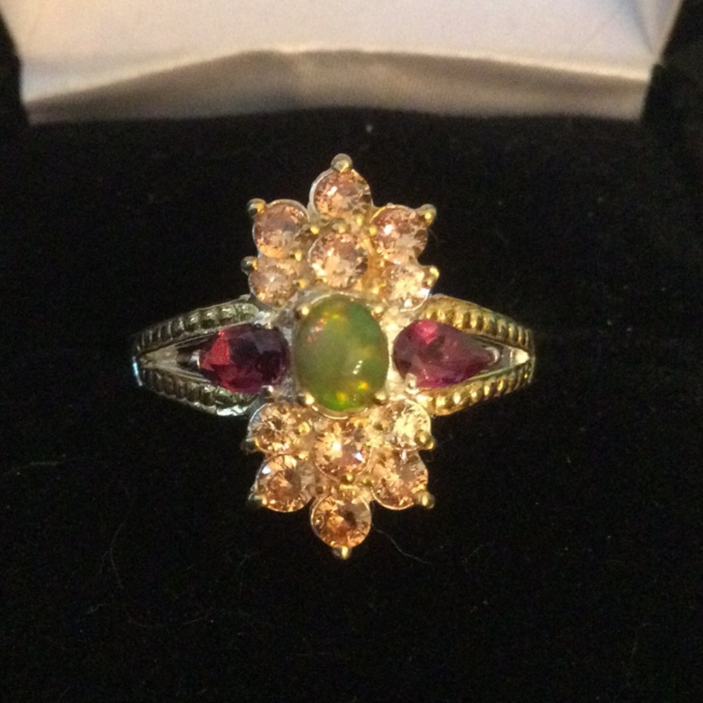 Genuine Fiery Opal & Garnet Ring
